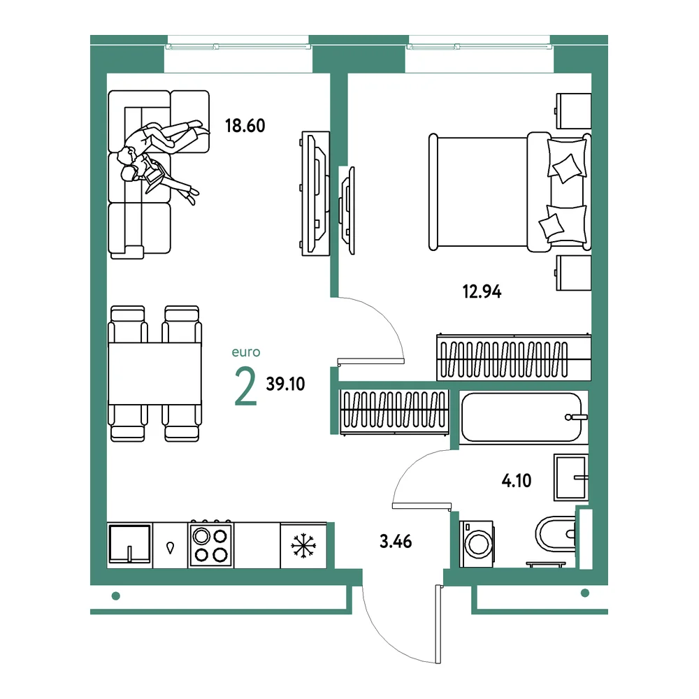 Планировка: Домашний 2-комнатная 39,10м²