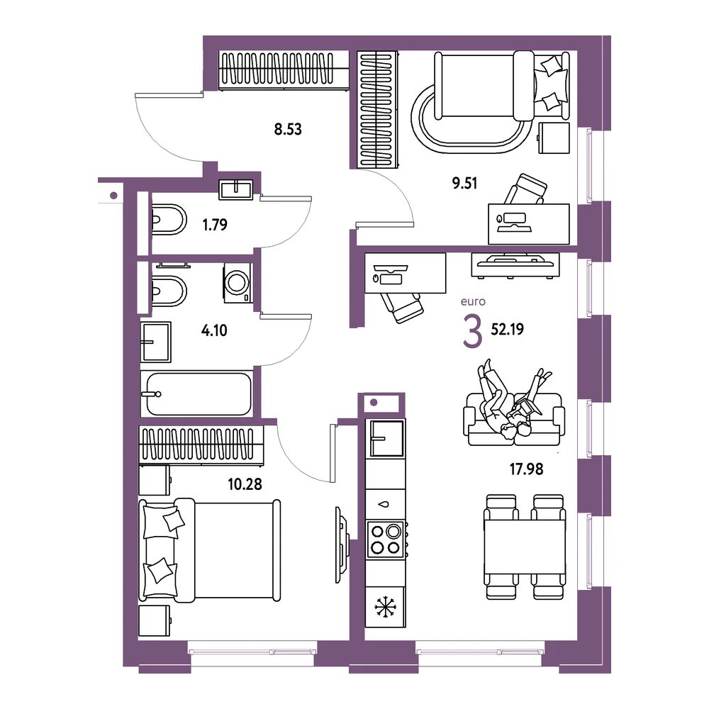 Планировка: Домашний 3-комнатная 52,19м²