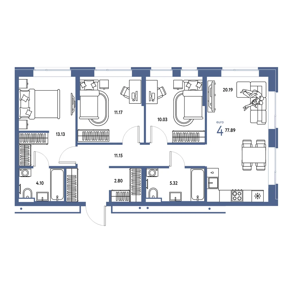 Планировка: Домашний 4-комнатная 77,89м²
