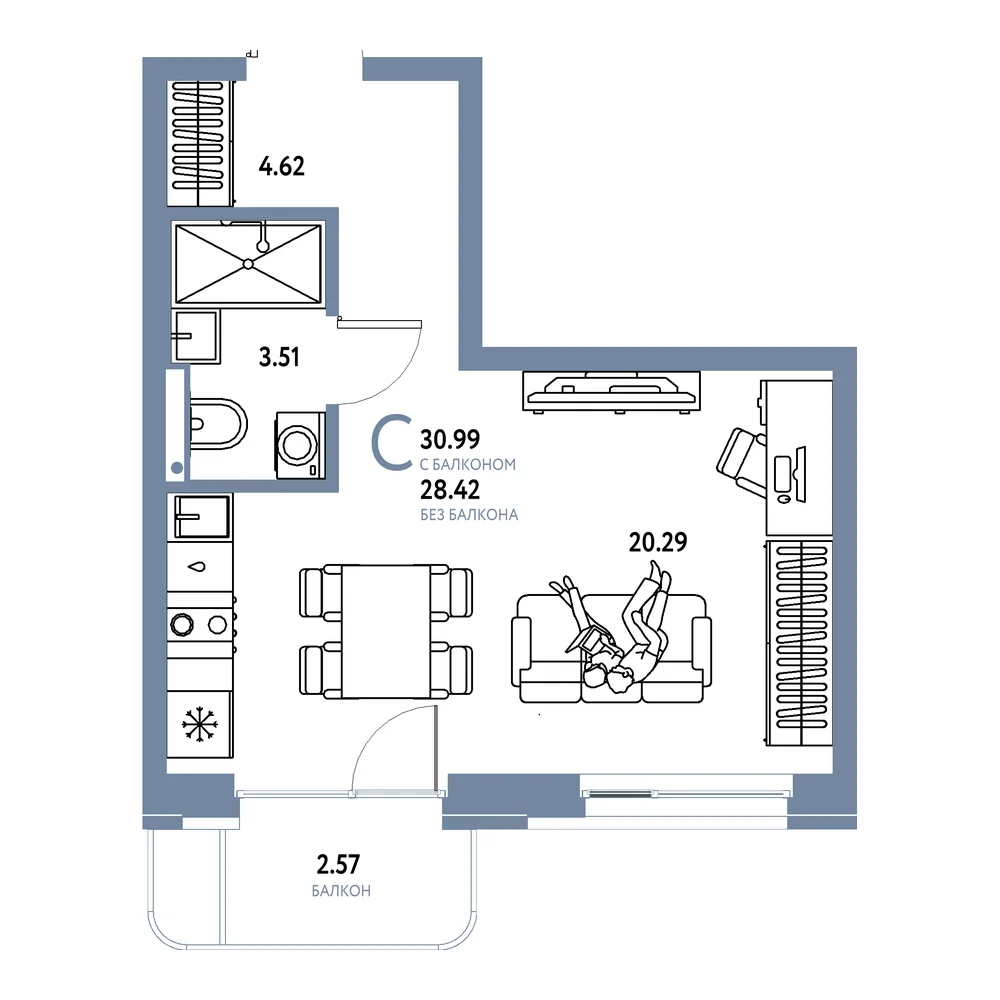 Планировка: Домашний Студия 30,99м²