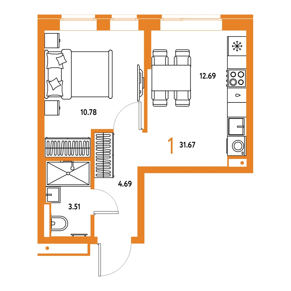 Планировка: Домашний 1-комнатная 31,67м²