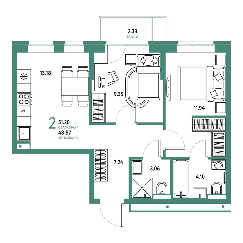Планировка: Домашний 2-комнатная 51,20м²