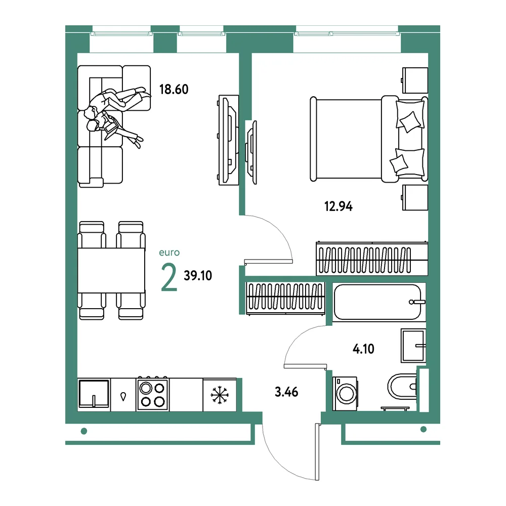 Планировка: Домашний 2-комнатная 39,10м²