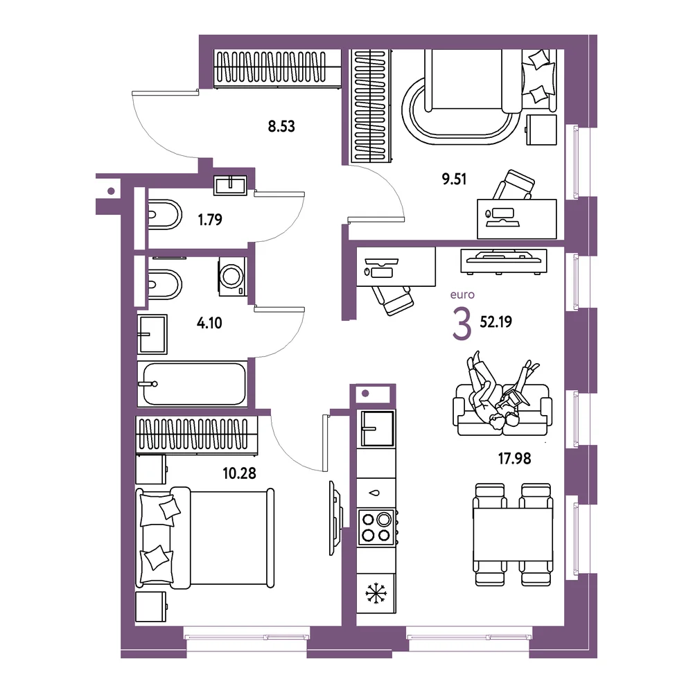 Планировка: Домашний 3-комнатная 52,19м²