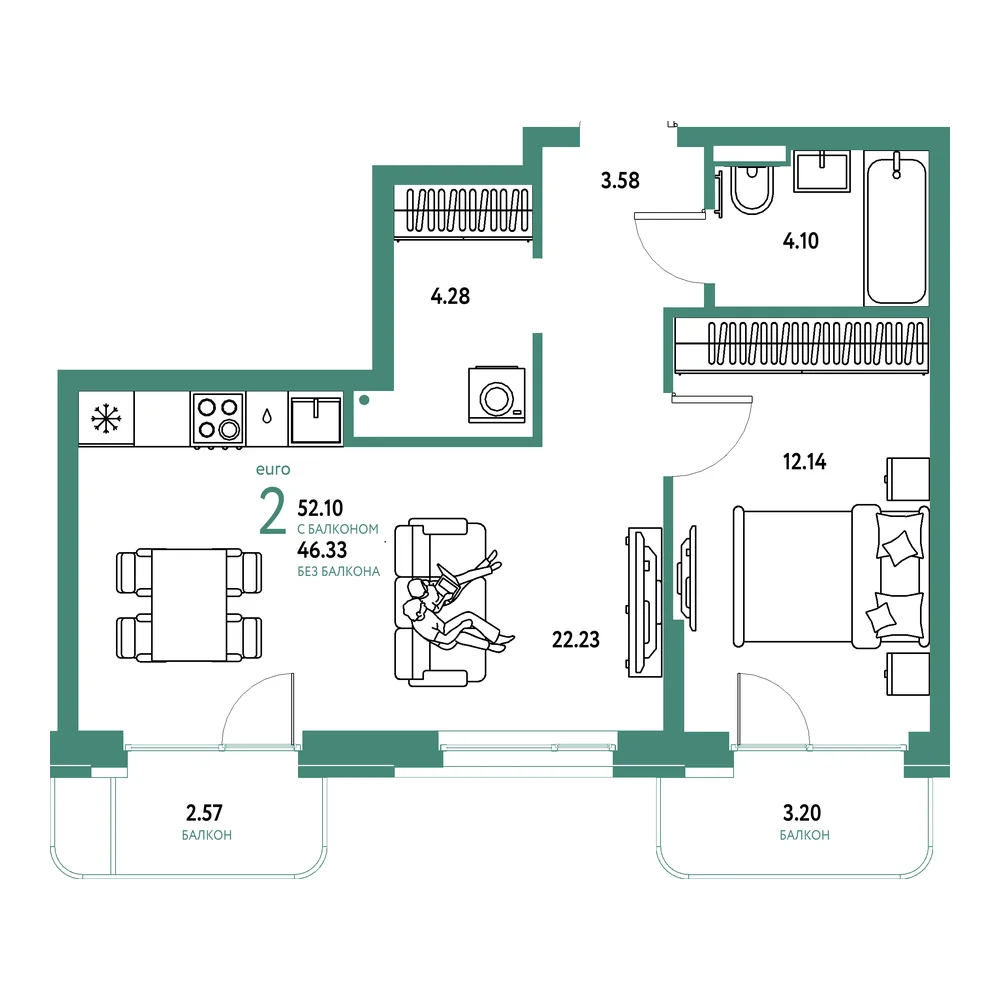 Планировка: Домашний 2-комнатная 52,10м²