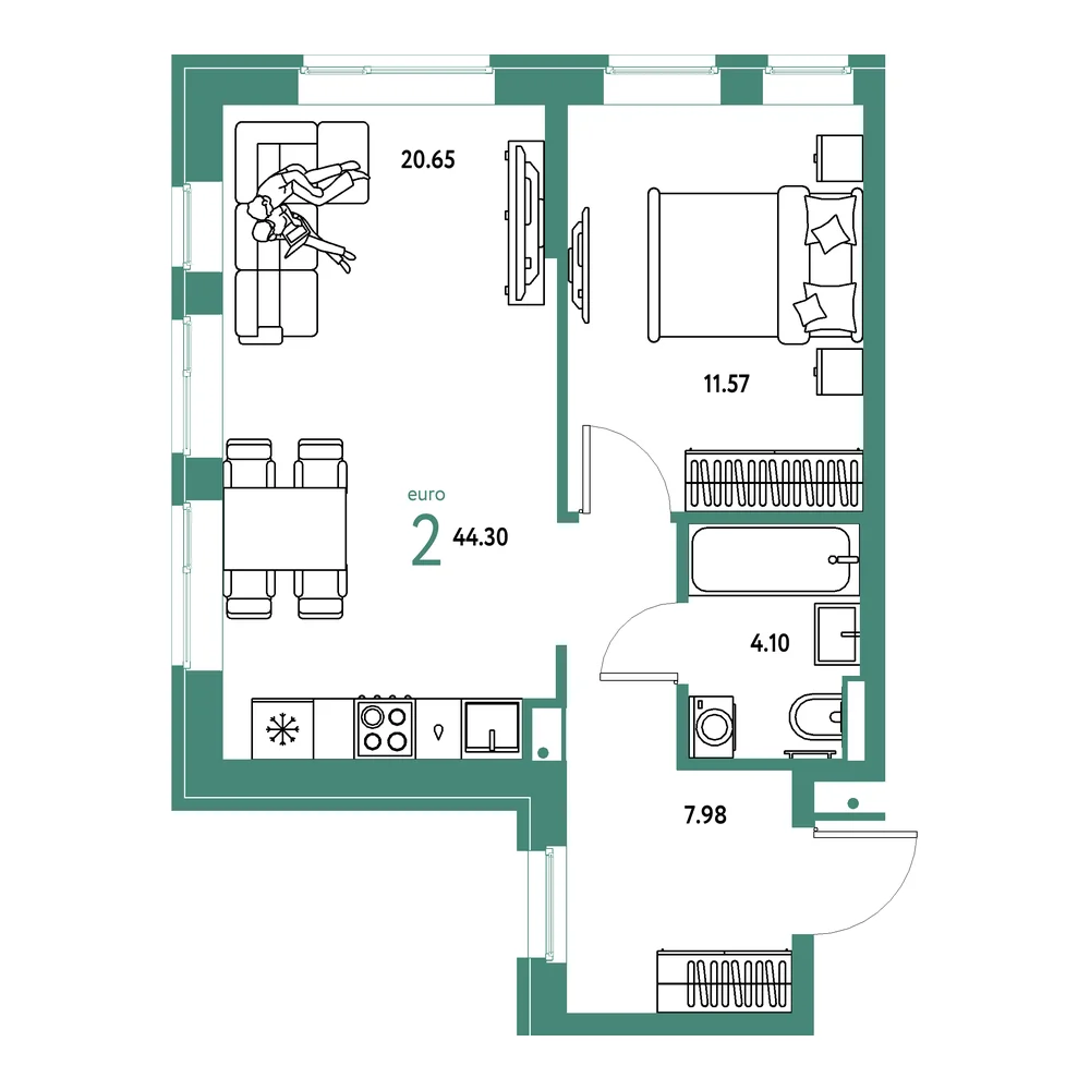 Планировка: Домашний 2-комнатная 44,30м²