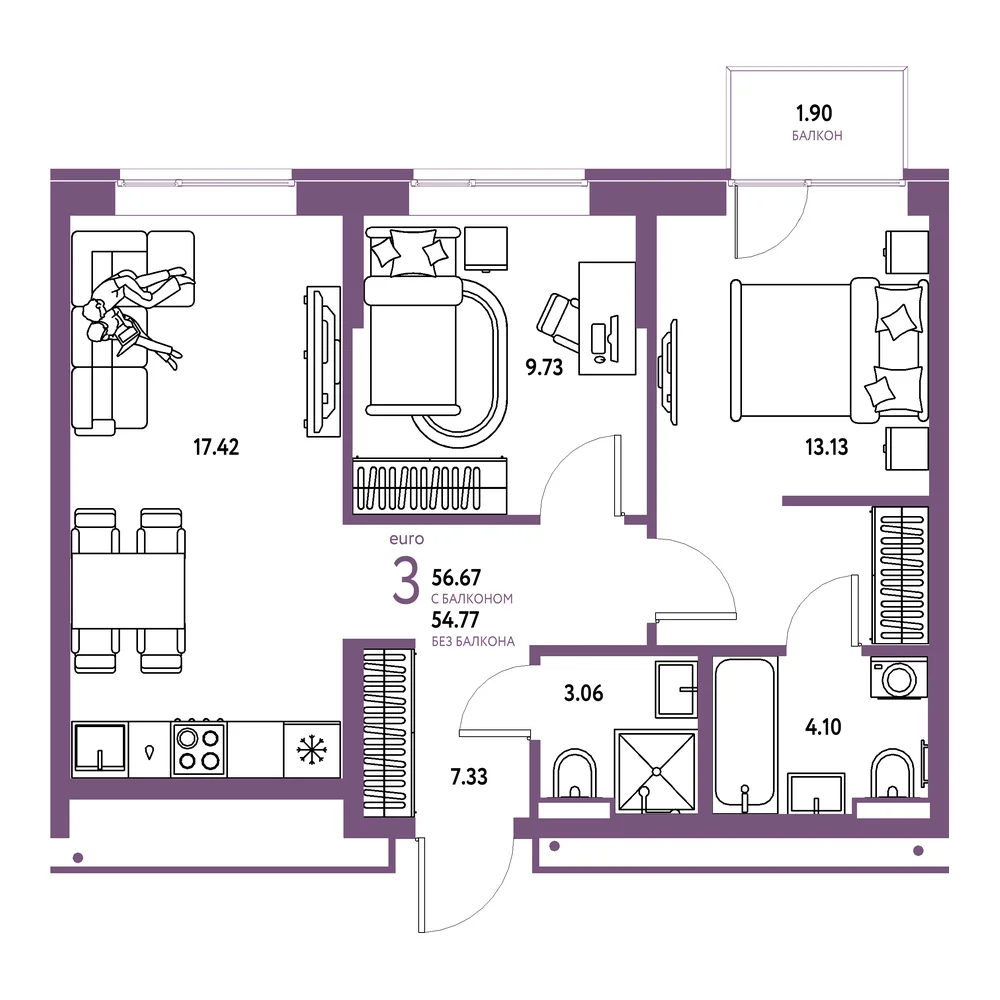 Планировка: Домашний 3-комнатная 56,67м²