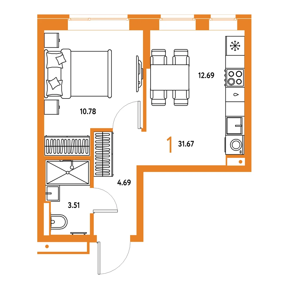 Планировка: Домашний 1-комнатная 31,67м²