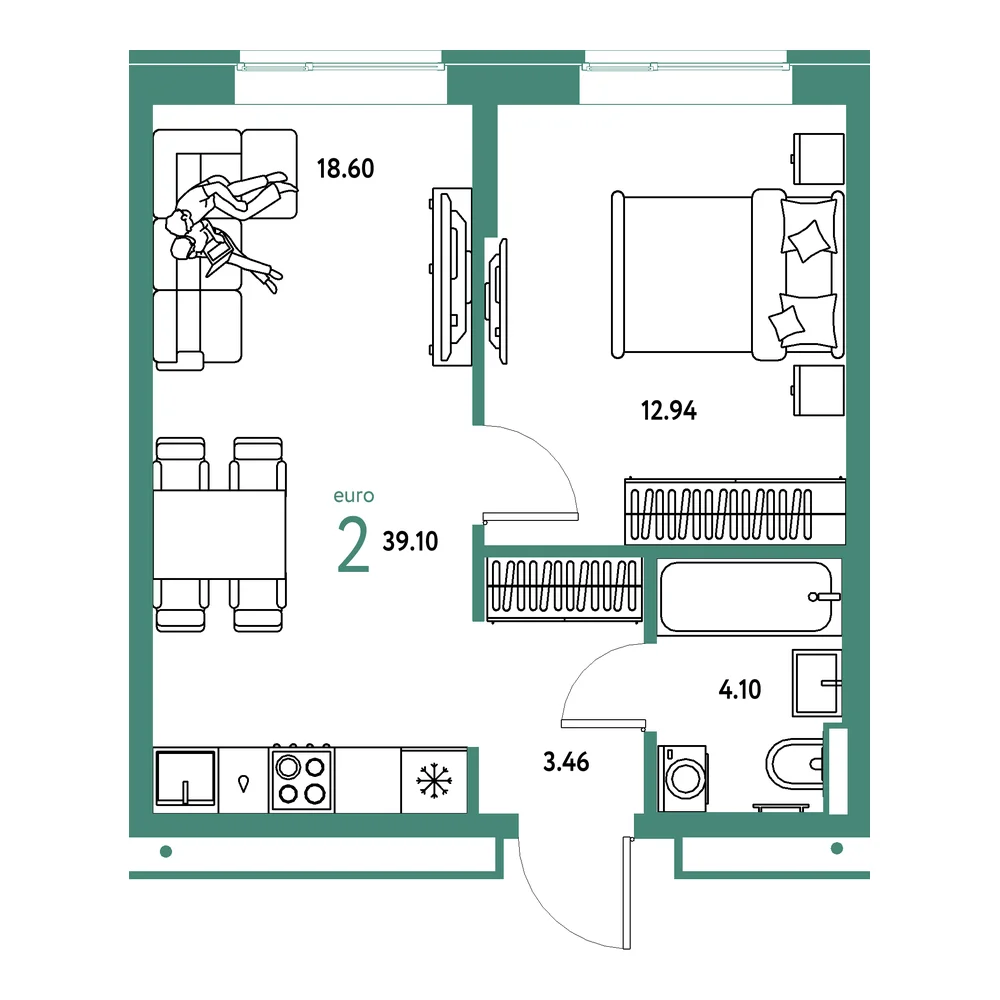 Планировка: Домашний 2-комнатная 39,10м²
