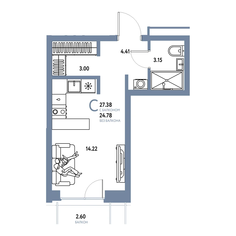 Планировка: Домашний Студия 27,38м²
