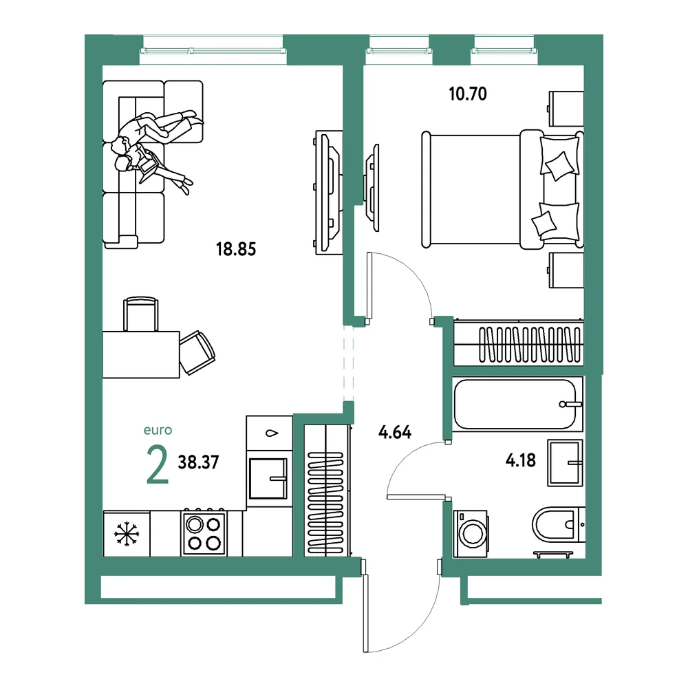 Планировка: Домашний 2-комнатная 38,37м²