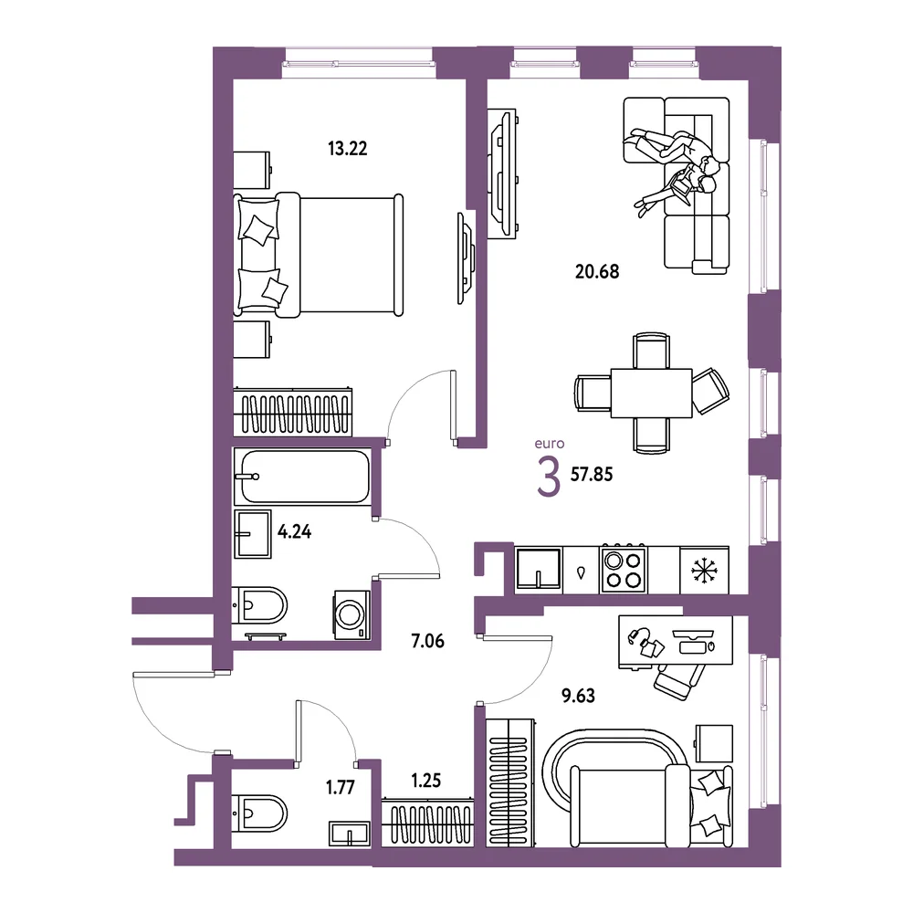 Планировка: Домашний 3-комнатная 57,85м²