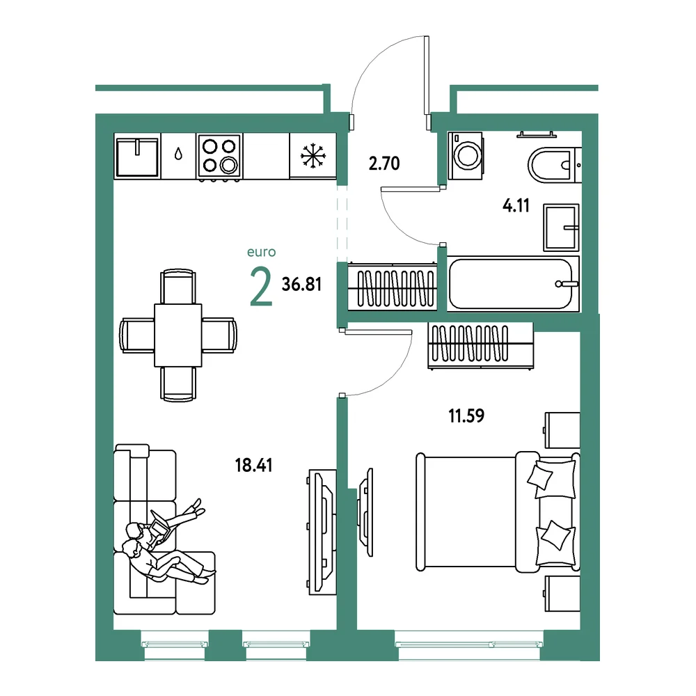 Планировка: Домашний 2-комнатная 36,81м²