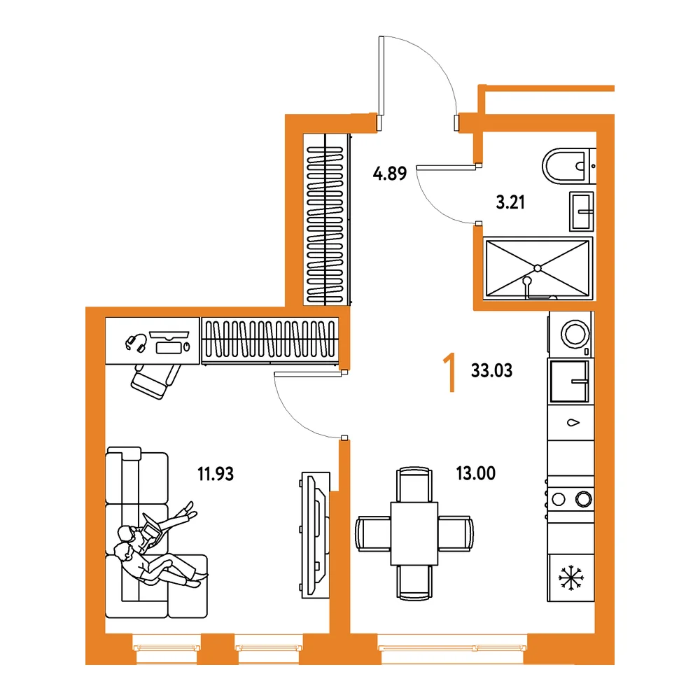 Планировка: Домашний 1-комнатная 33,03м²