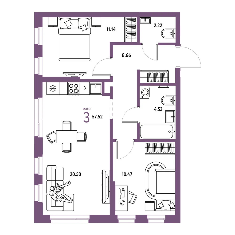 Планировка: Домашний 3-комнатная 57,52м²