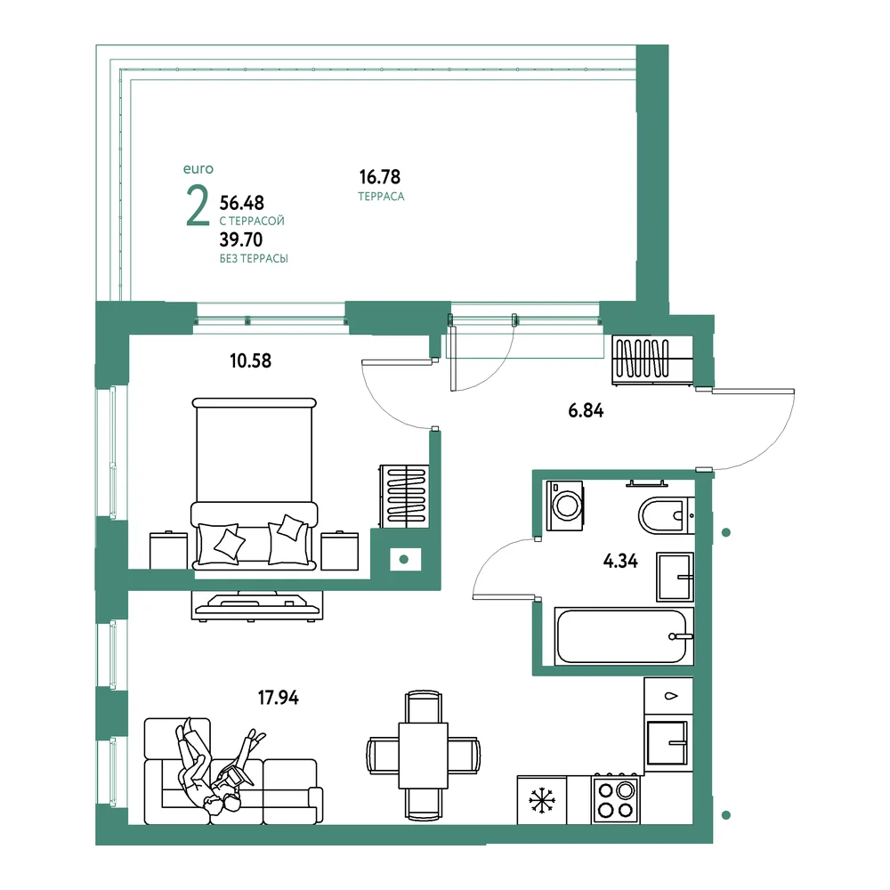 Планировка: Домашний 2-комнатная 56,48м²