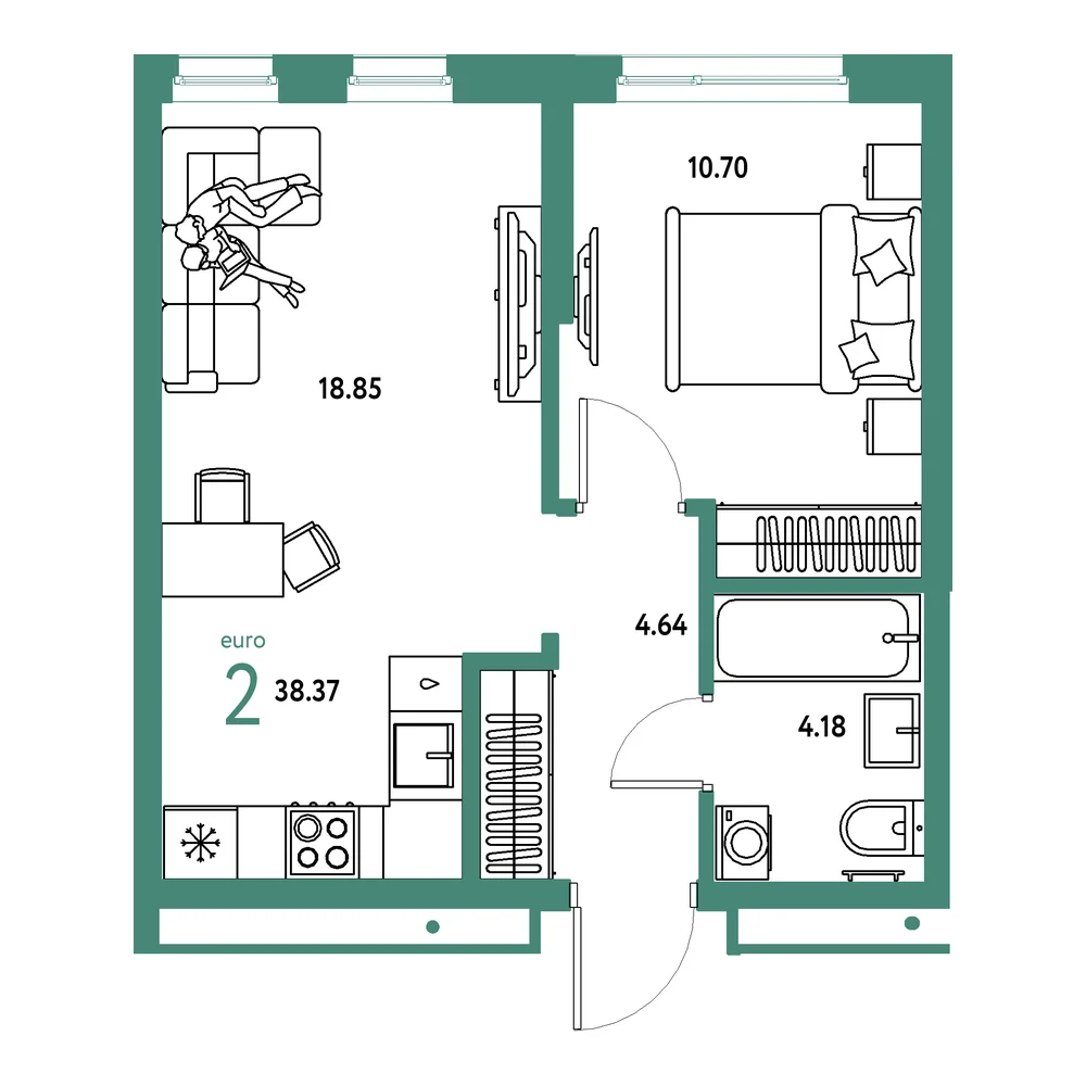 Планировка: Домашний 2-комнатная 38,37м²