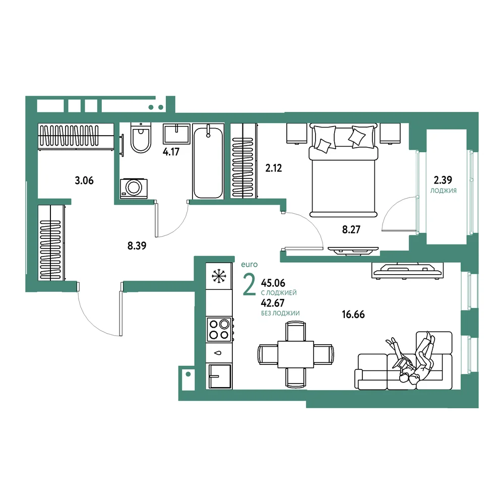 Планировка: Домашний 2-комнатная 45,06м²