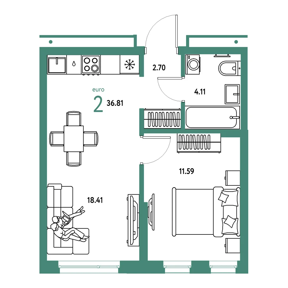 Планировка: Домашний 2-комнатная 36,81м²