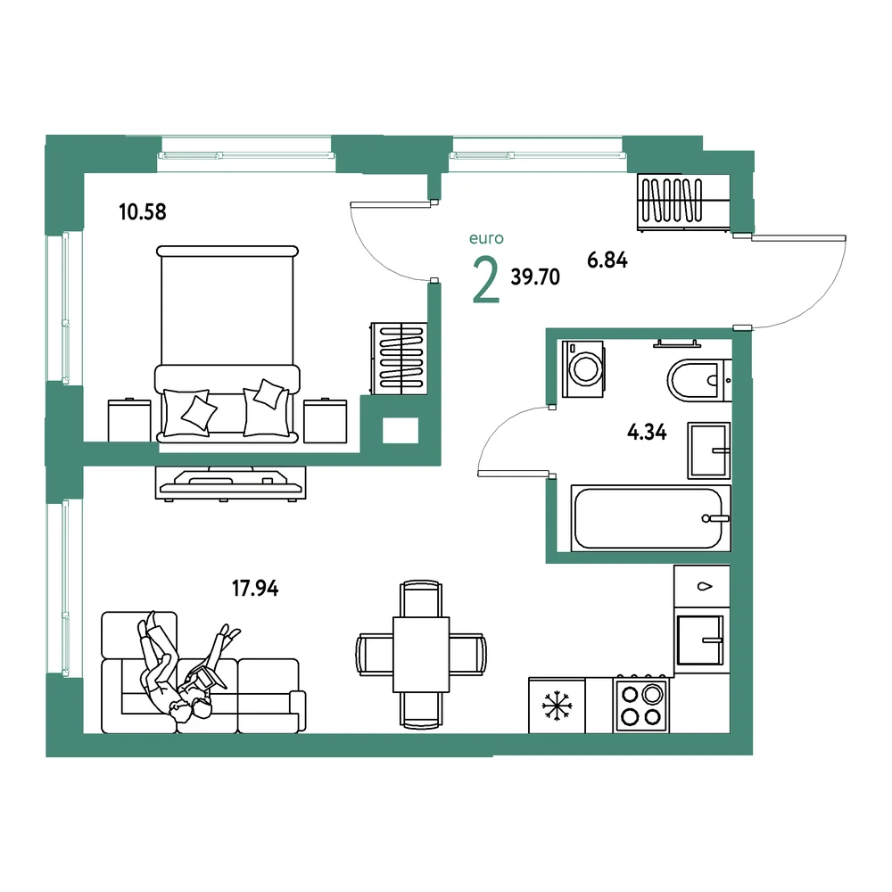 Планировка: Домашний 2-комнатная 39,70м²