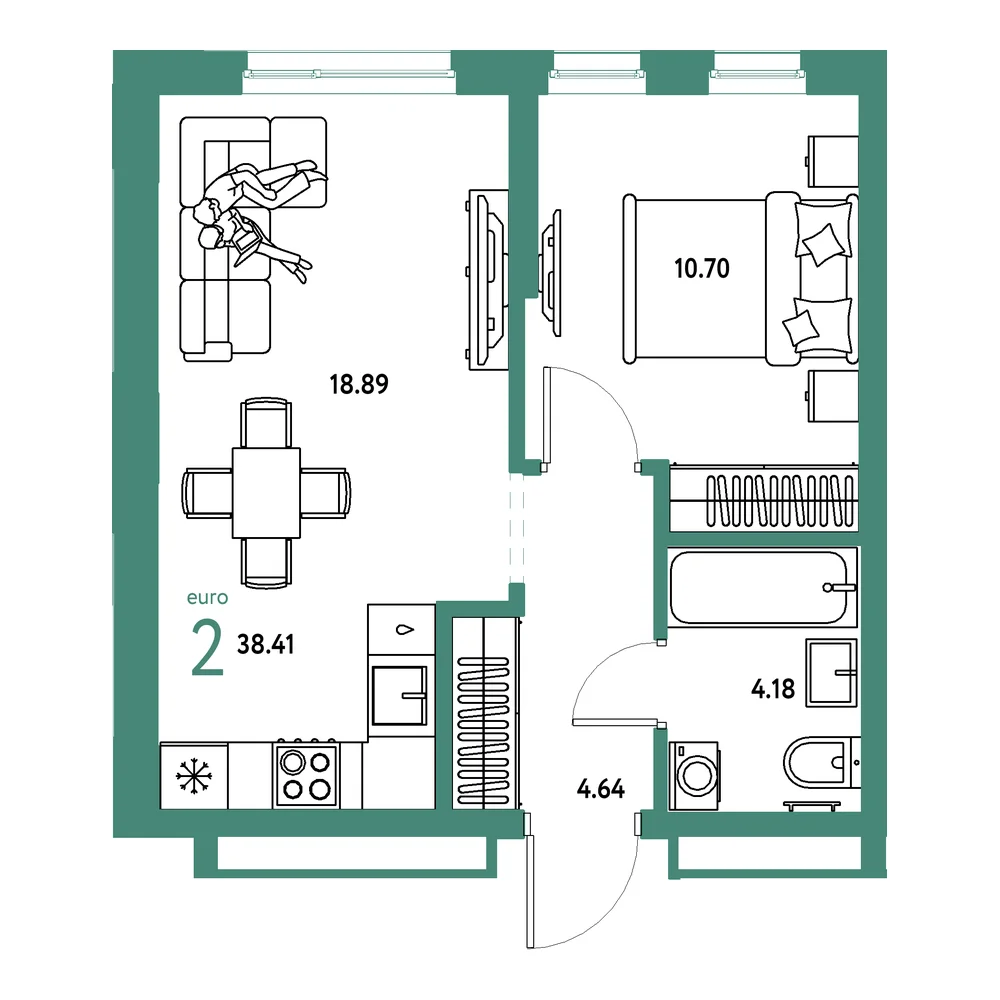 Планировка: Домашний 2-комнатная 38,41м²