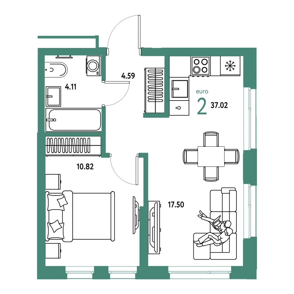 Планировка: Домашний 2-комнатная 37,02м²