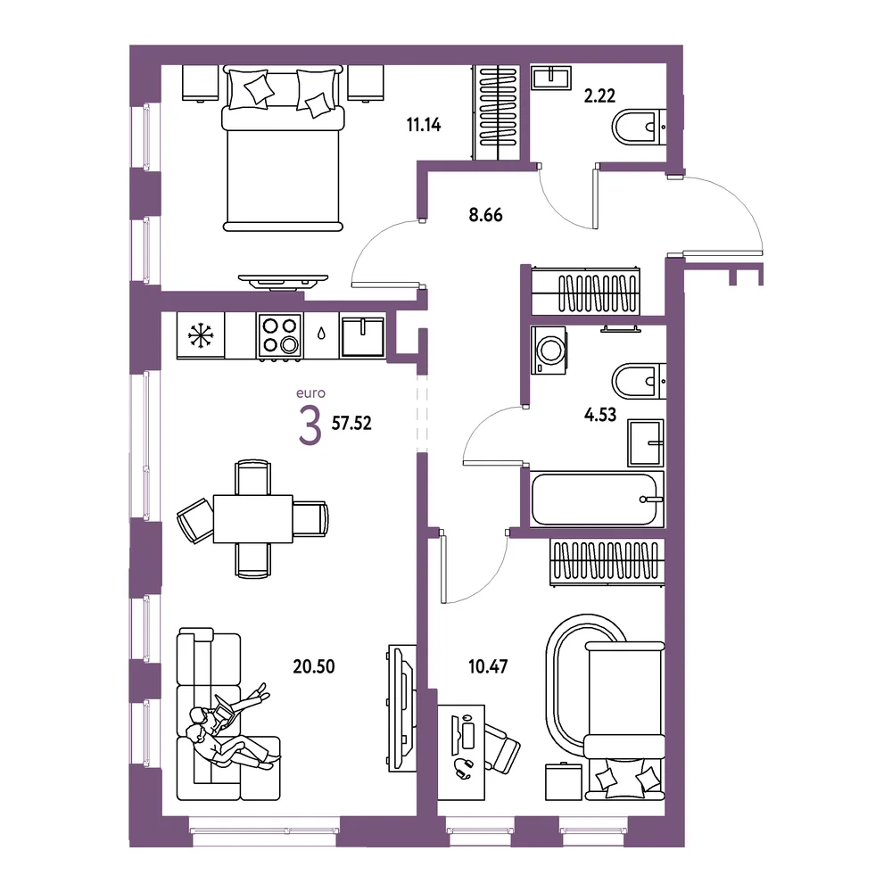 Планировка: Домашний 3-комнатная 57,52м²