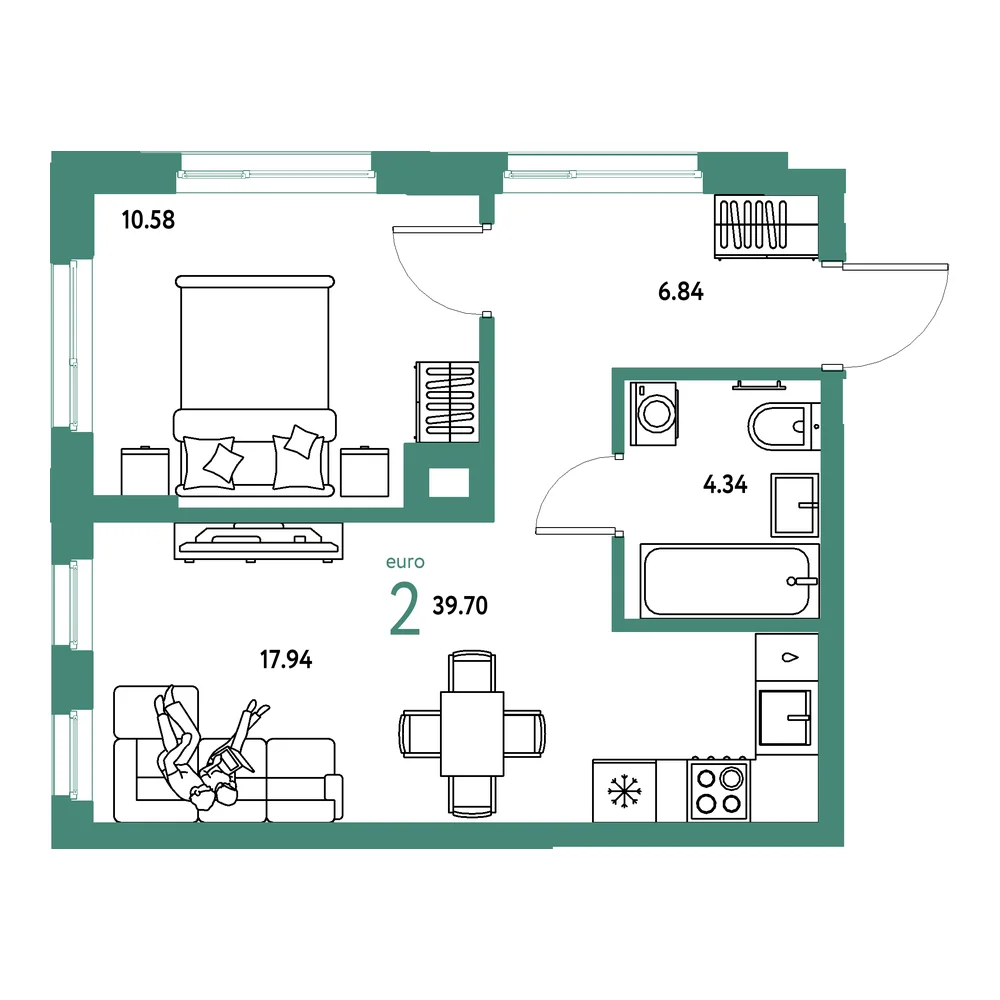 Планировка: Домашний 2-комнатная 39,70м²