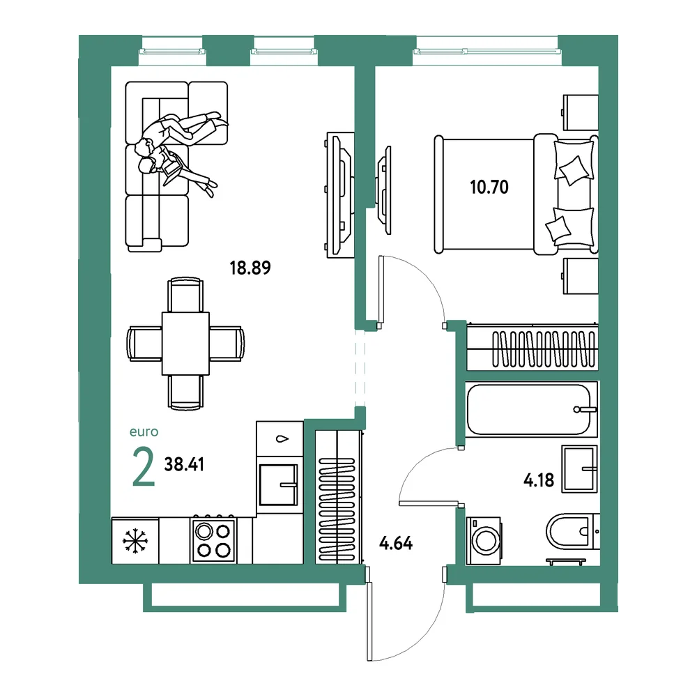 Планировка: Домашний 2-комнатная 38,41м²