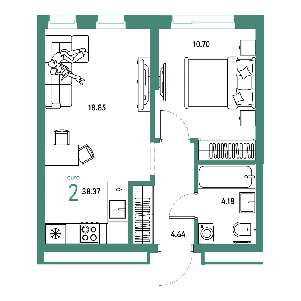 Планировка: Домашний 2-комнатная 38,37м²