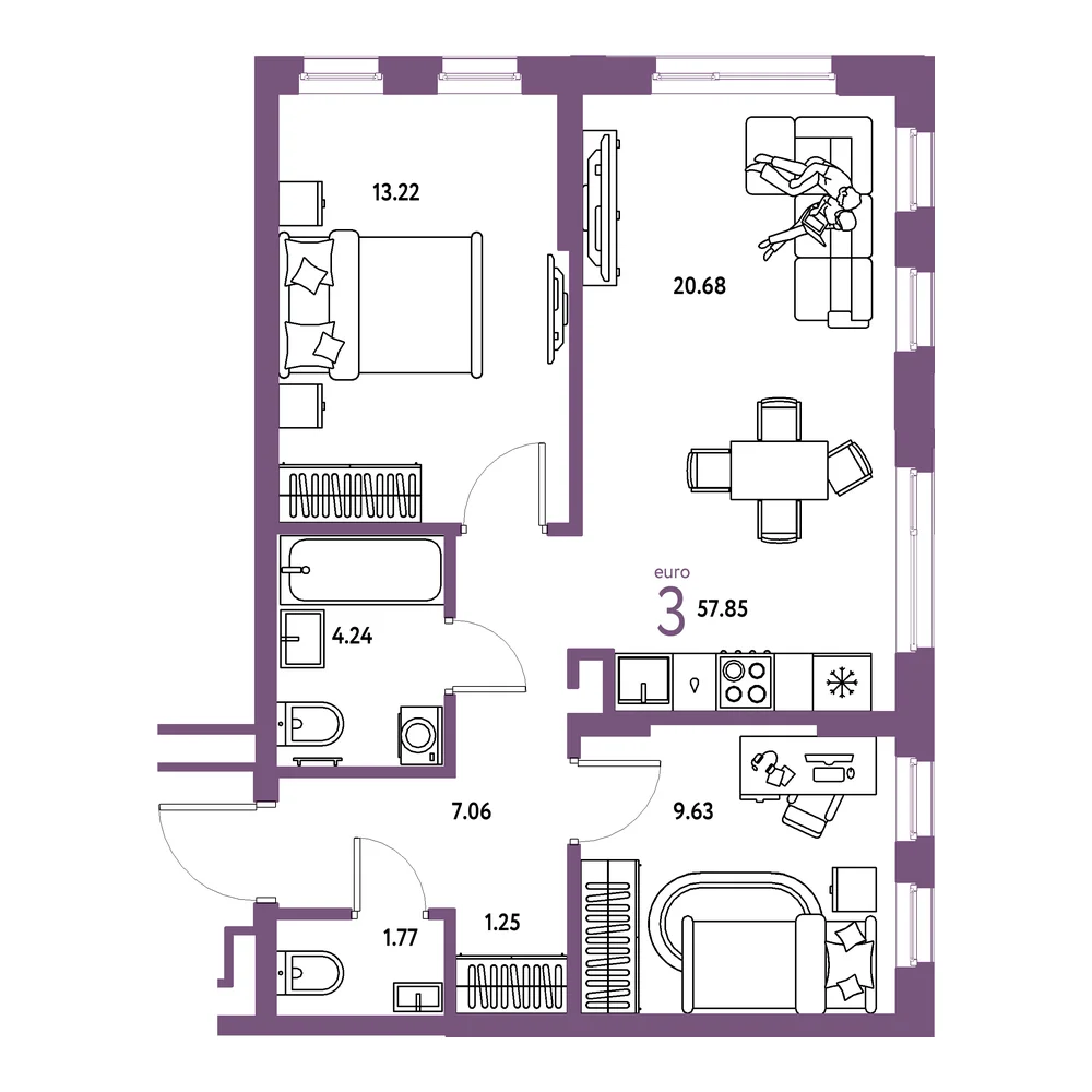 Планировка: Домашний 3-комнатная 57,85м²