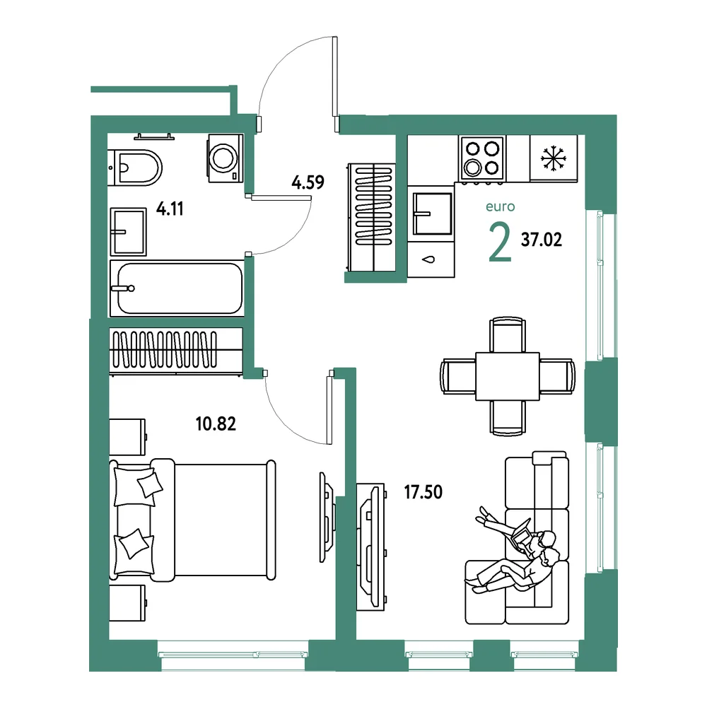 Планировка: Домашний 2-комнатная 37,02м²