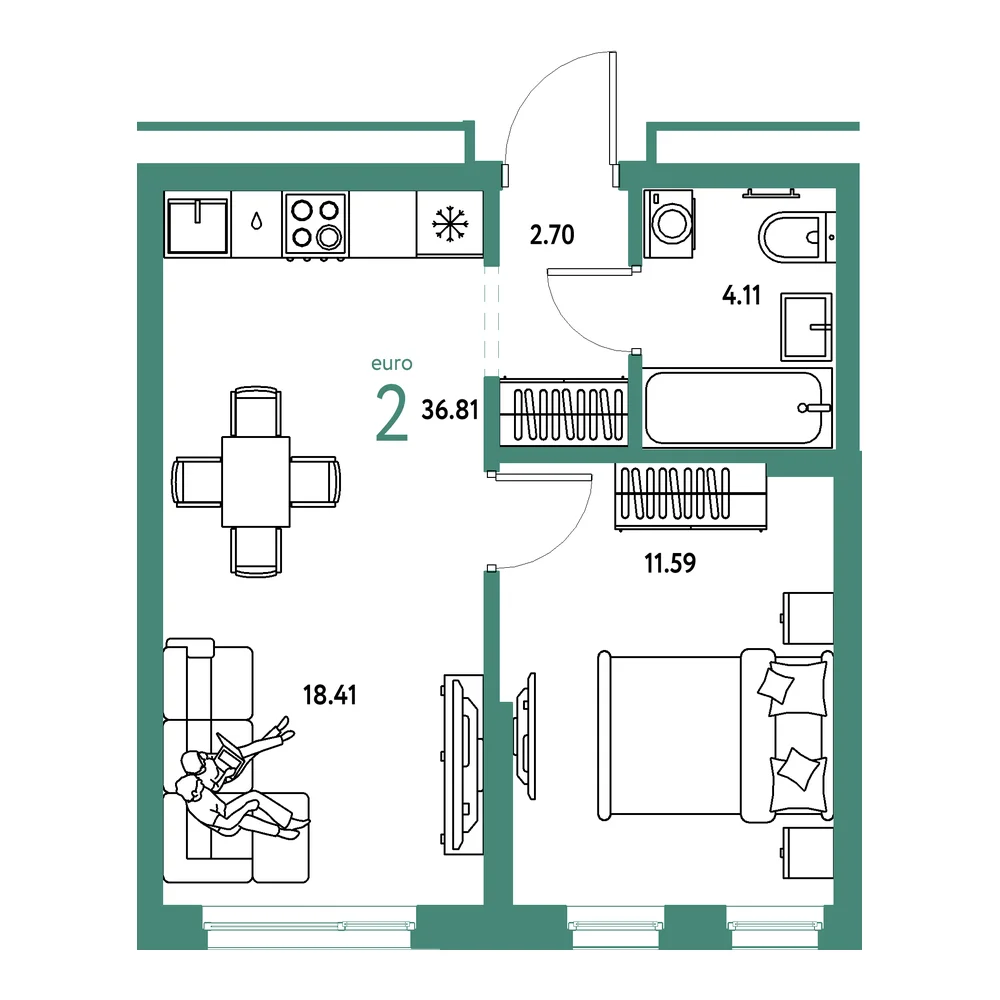 Планировка: Домашний 2-комнатная 36,81м²