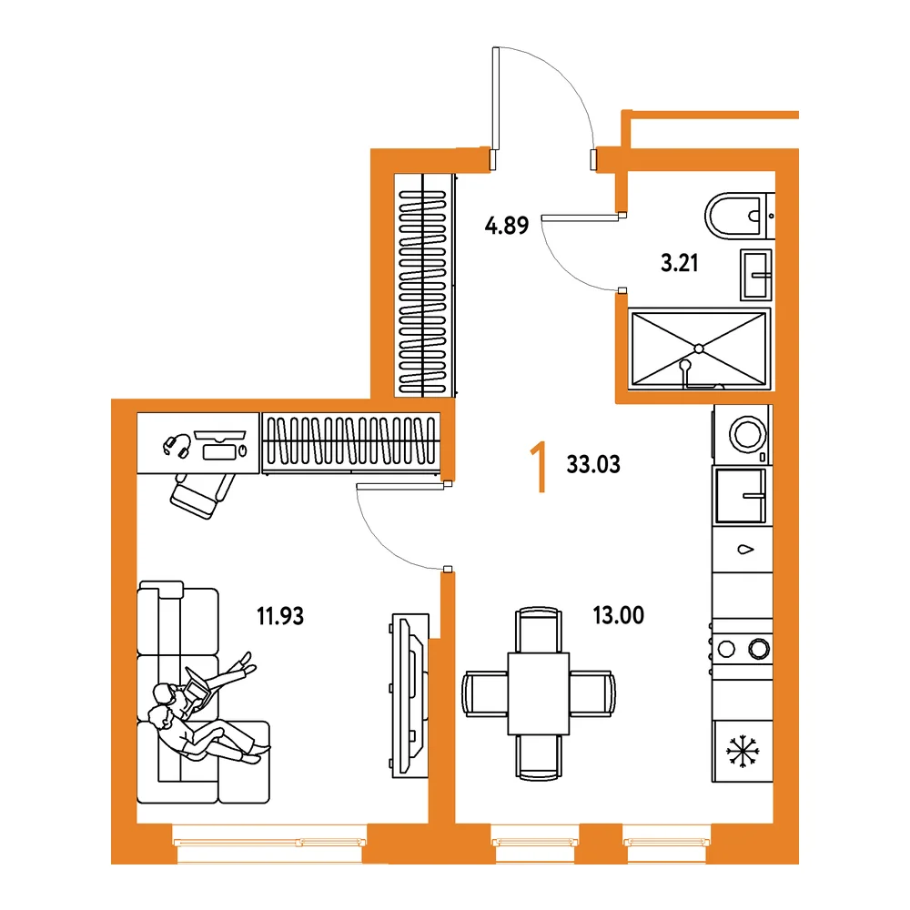 Планировка: Домашний 1-комнатная 33,03м²