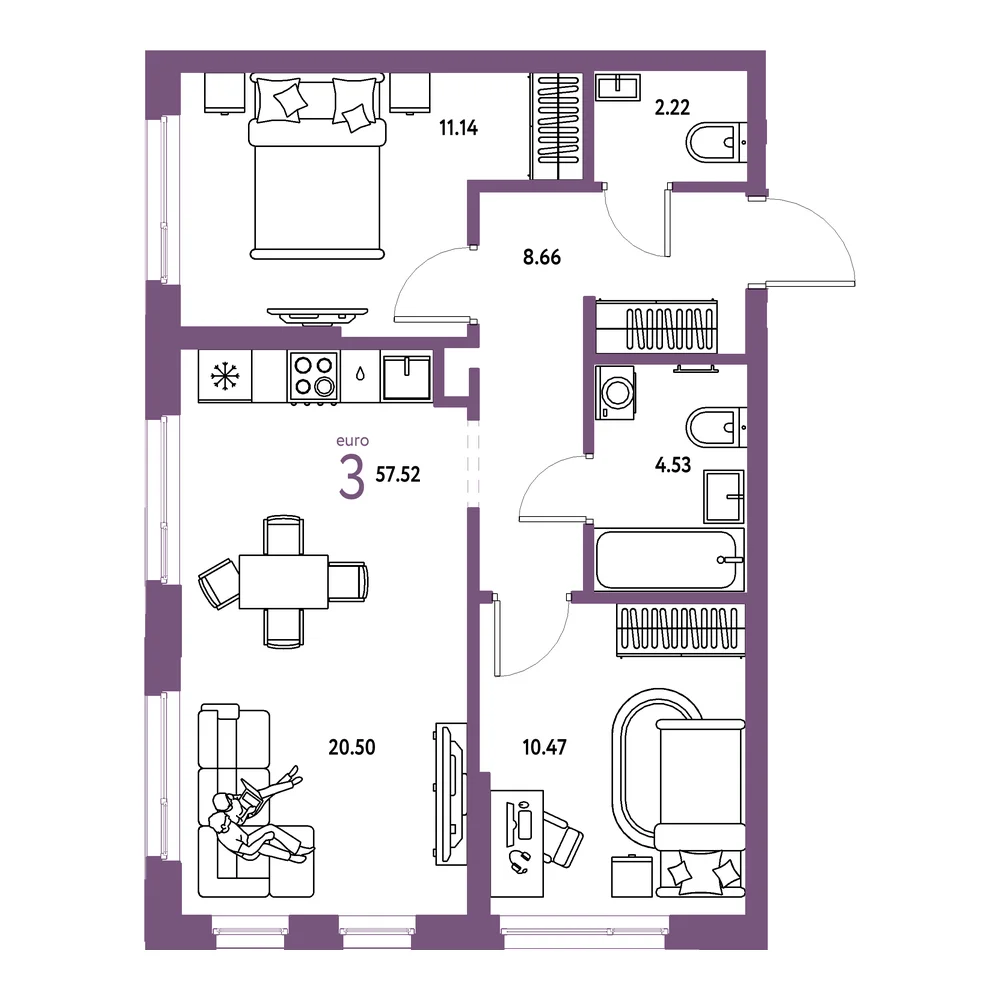 Планировка: Домашний 3-комнатная 57,52м²