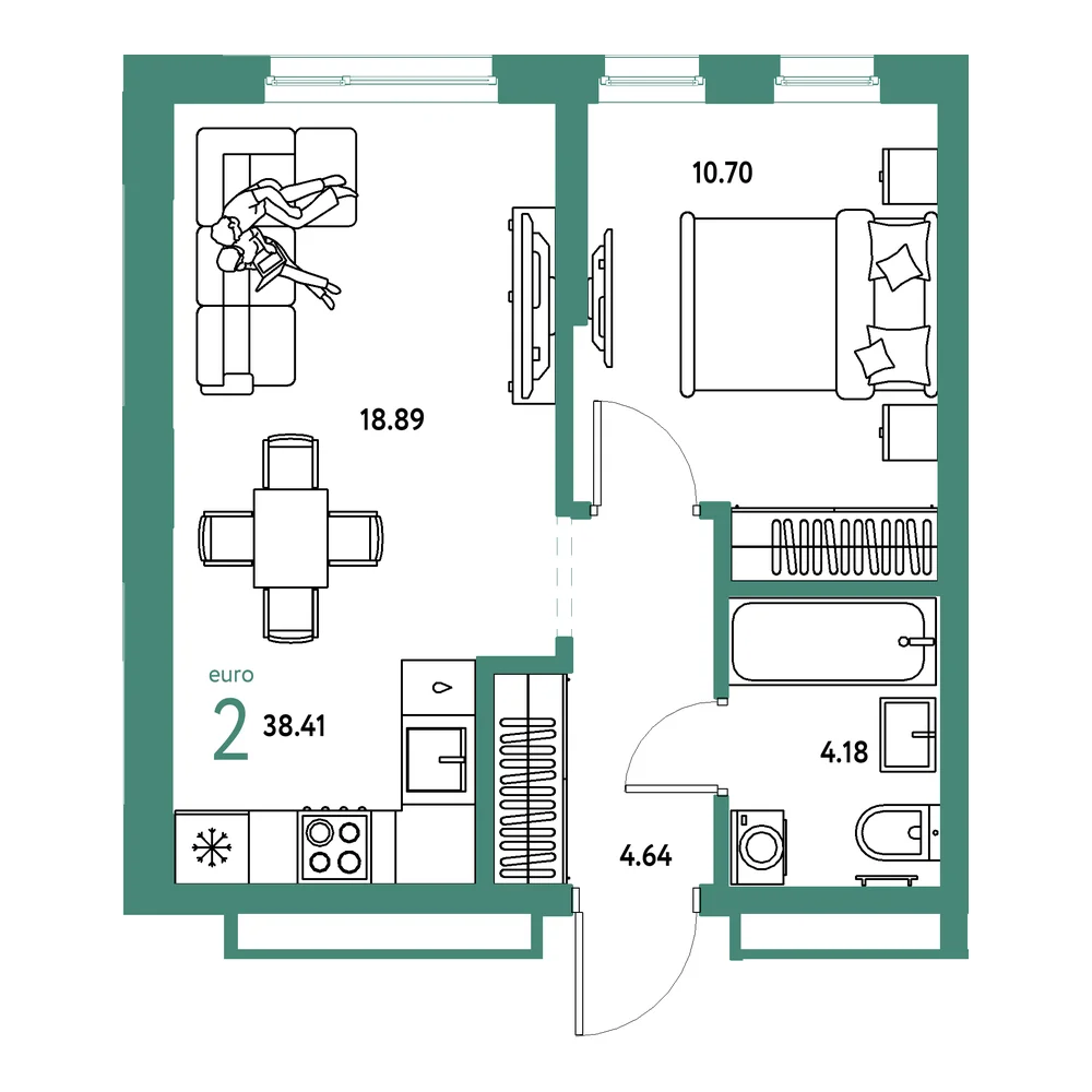 Планировка: Домашний 2-комнатная 38,41м²