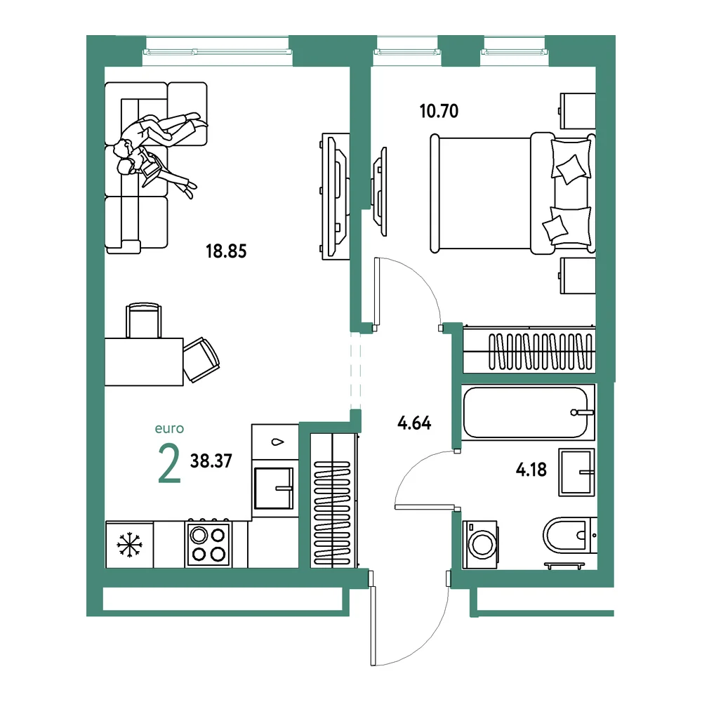Планировка: Домашний 2-комнатная 38,37м²