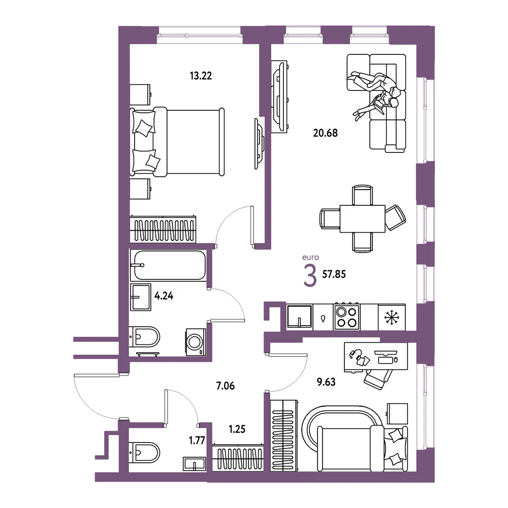 Планировка: Домашний 3-комнатная 57,85м²