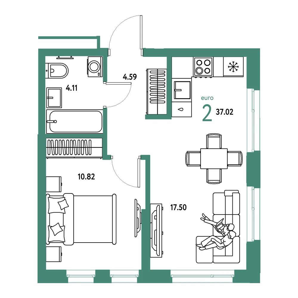 Планировка: Домашний 2-комнатная 37,02м²