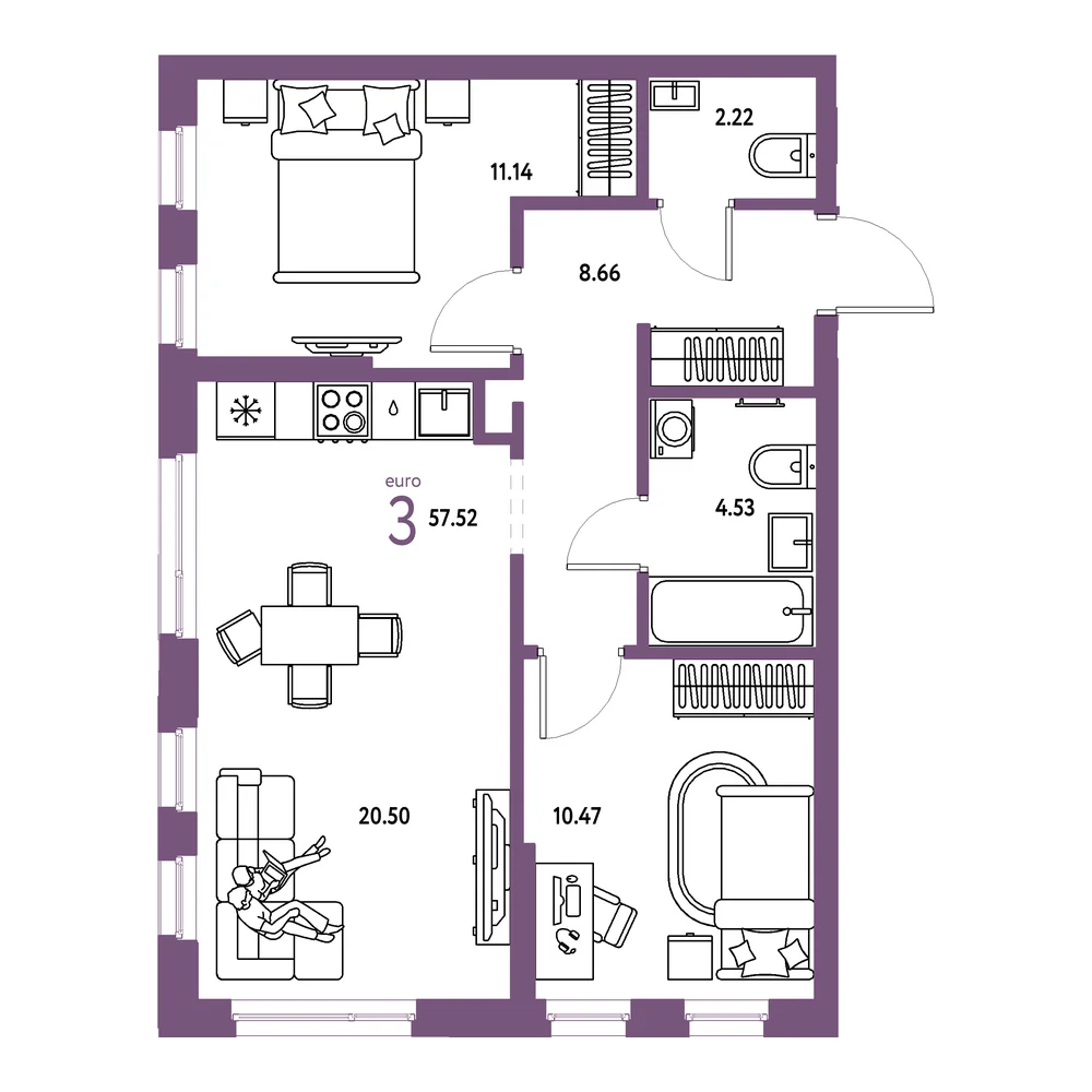 Планировка: Домашний 3-комнатная 57,52м²