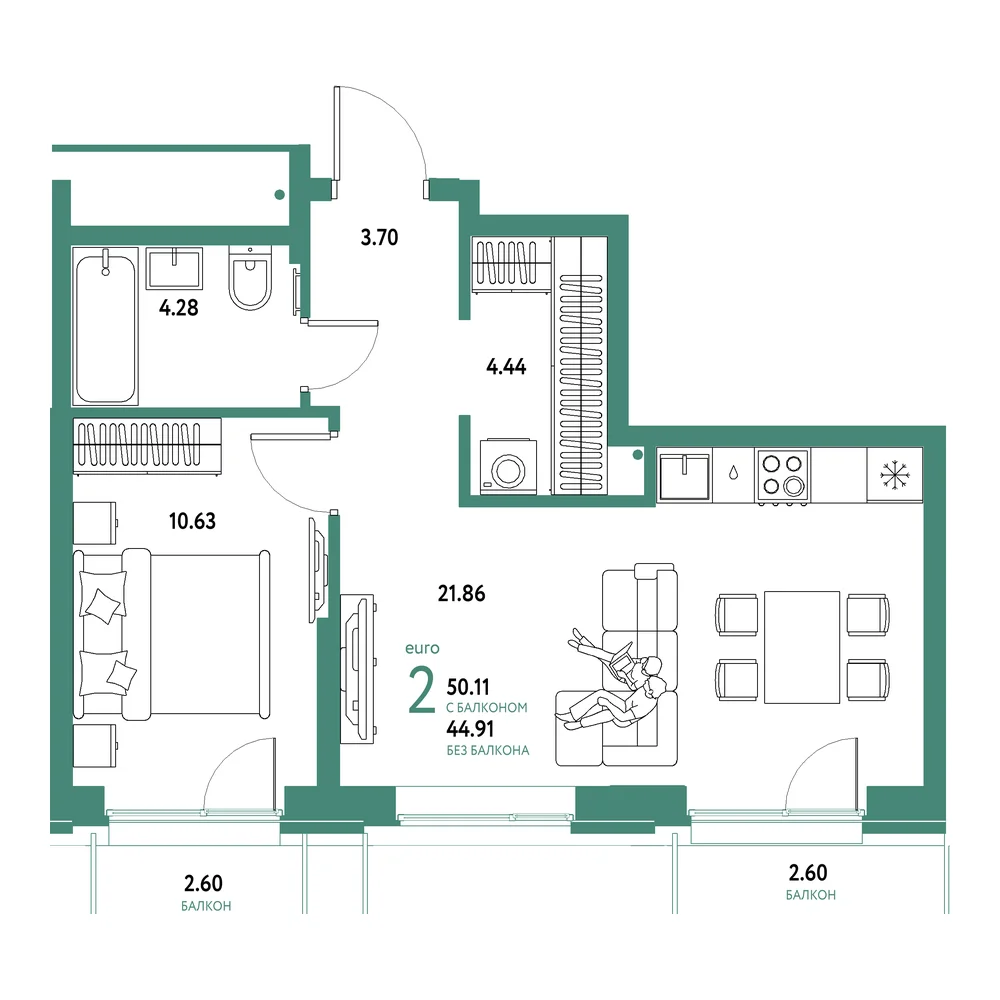 Планировка: Домашний 2-комнатная 50,11м²