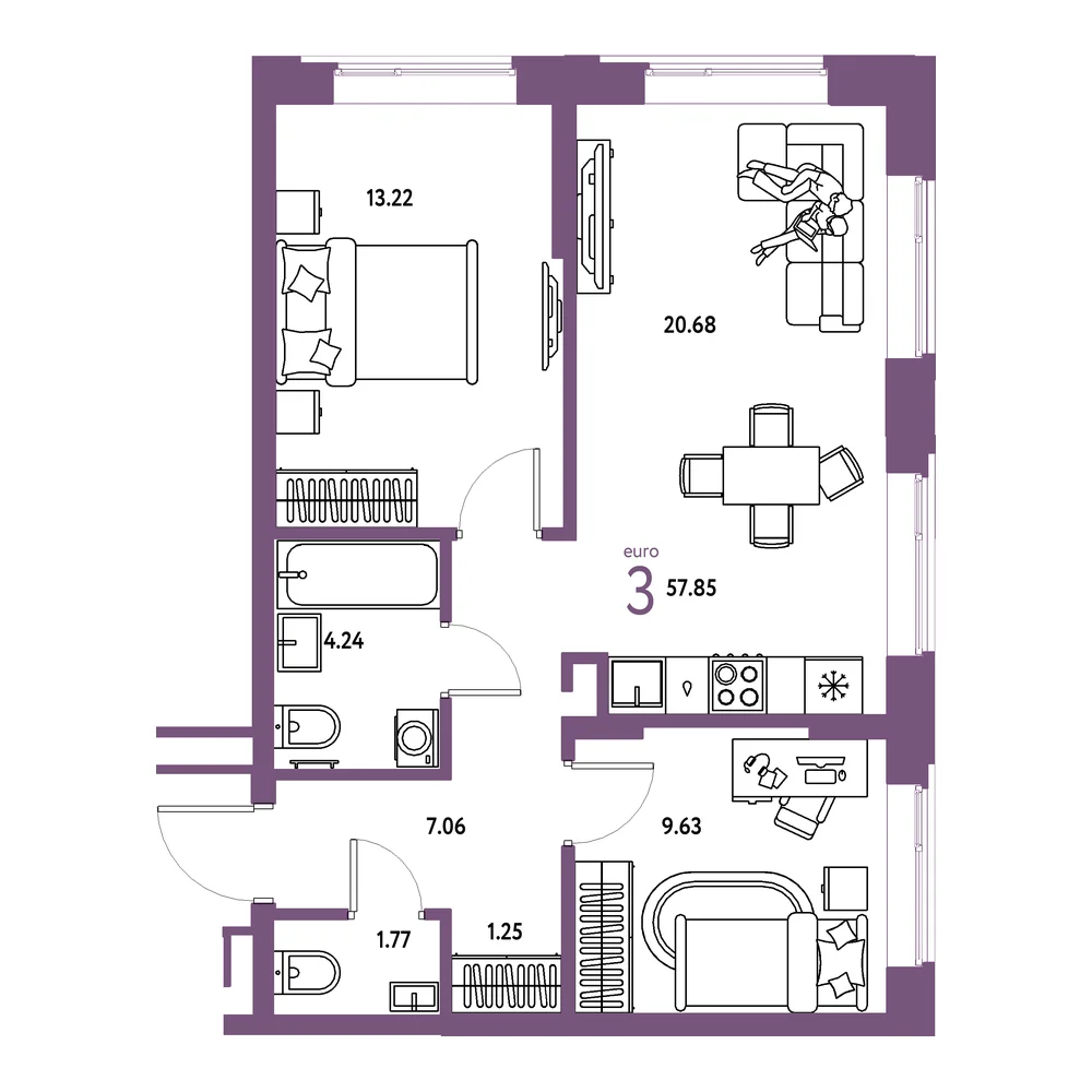 Планировка: Домашний 3-комнатная 57,85м²