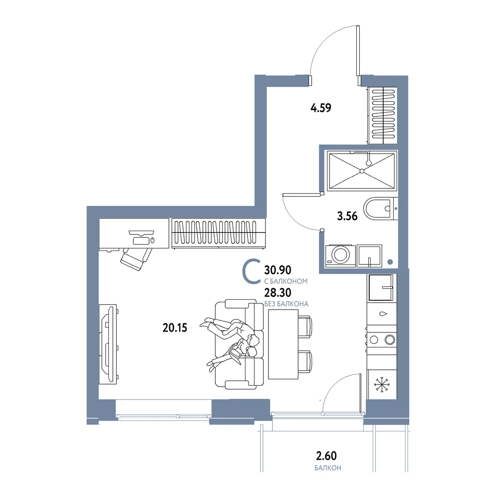 Планировка: Домашний Студия 30,90м²