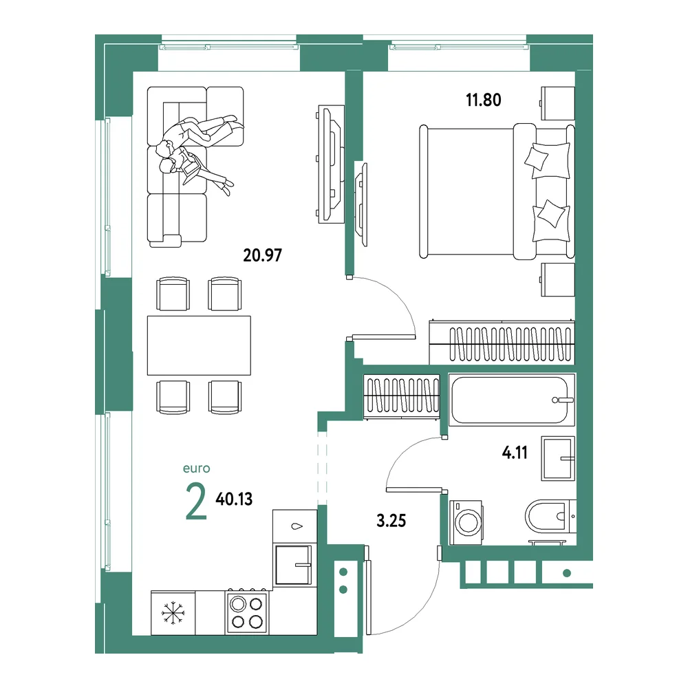 Планировка: Домашний 2-комнатная 40,13м²