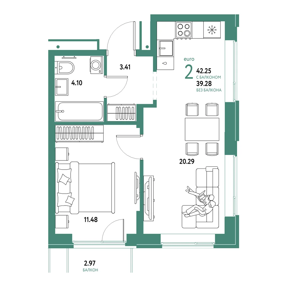 Планировка: Домашний 2-комнатная 42,25м²