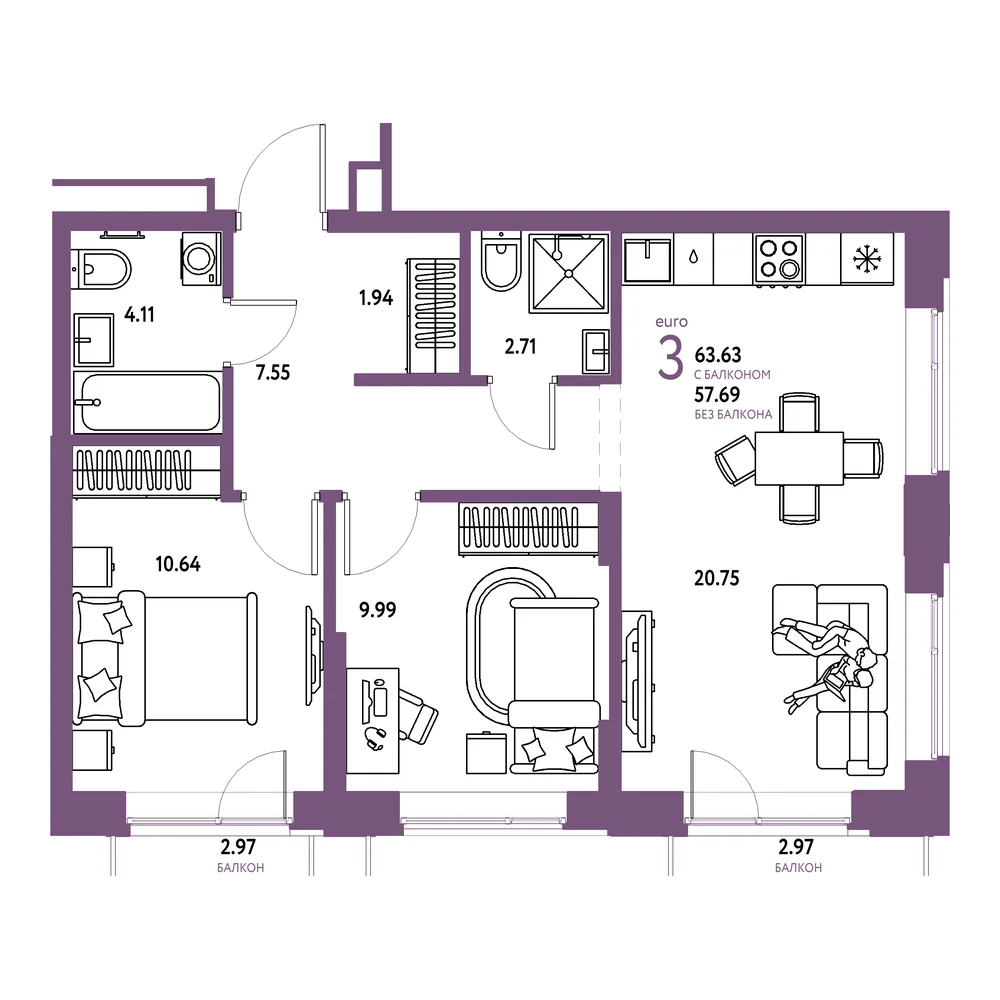Планировка: Домашний 3-комнатная 63,63м²