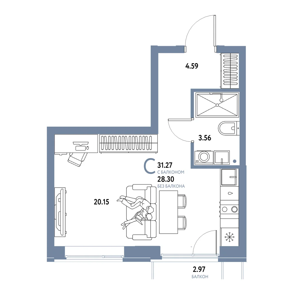 Планировка: Домашний Студия 31,27м²