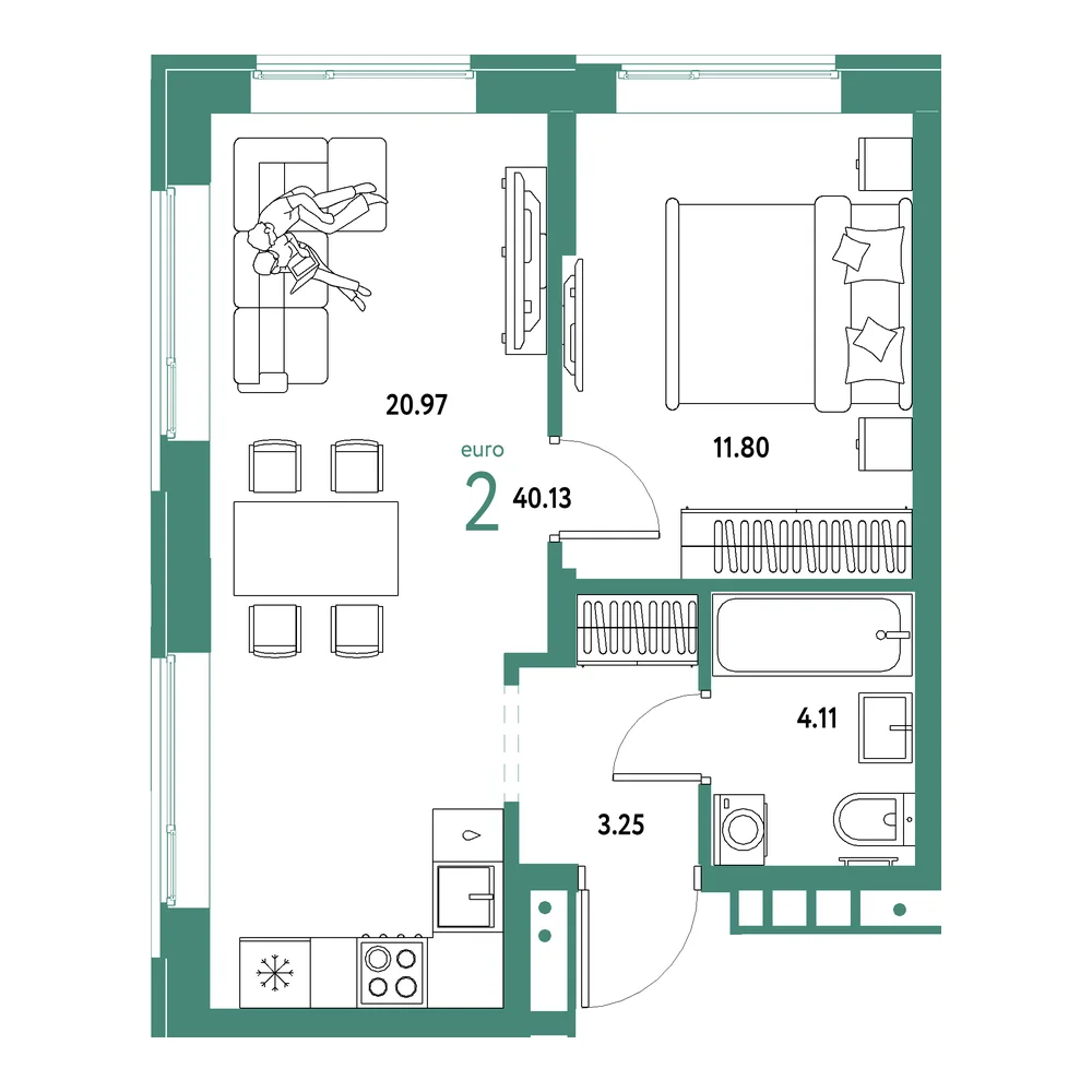 Планировка: Домашний 2-комнатная 40,13м²