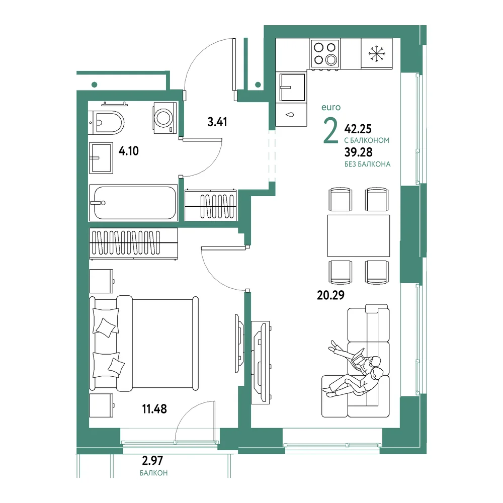 Планировка: Домашний 2-комнатная 42,25м²