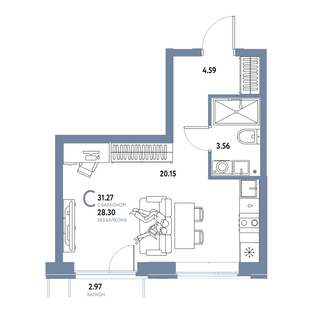 Планировка: Домашний Студия 31,27м²
